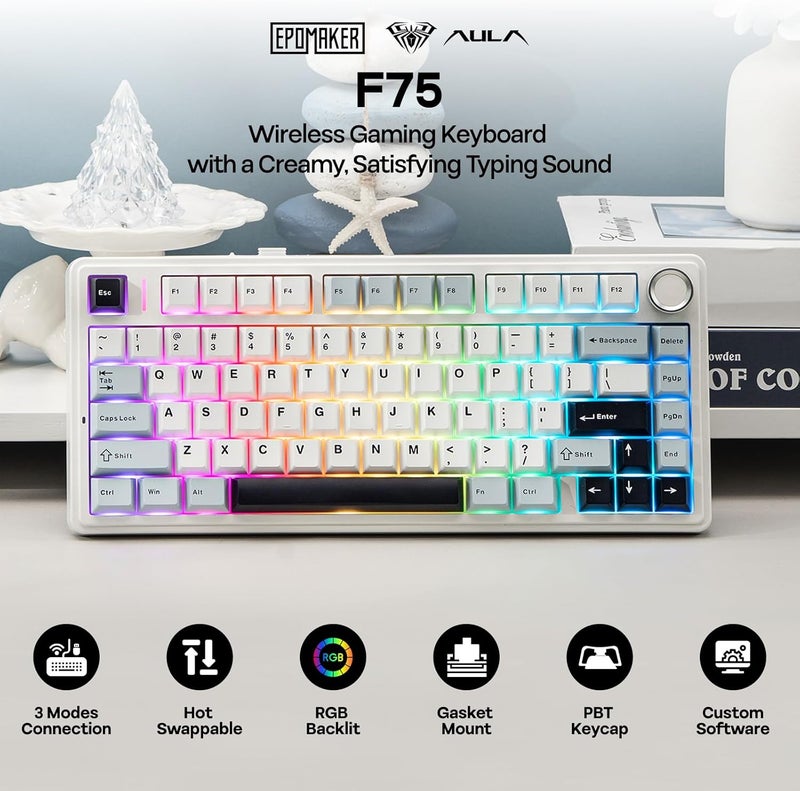 EPOMAKER x Aula F75 Gasket Mechanical Keyboard, 75% Wireless Hot Swappable Gaming Keyboard with Five-Layer Padding&Knob, BT/2.4GHz/USB-C, RGB (Light Blue, Ice Vein Switch) - Image 2